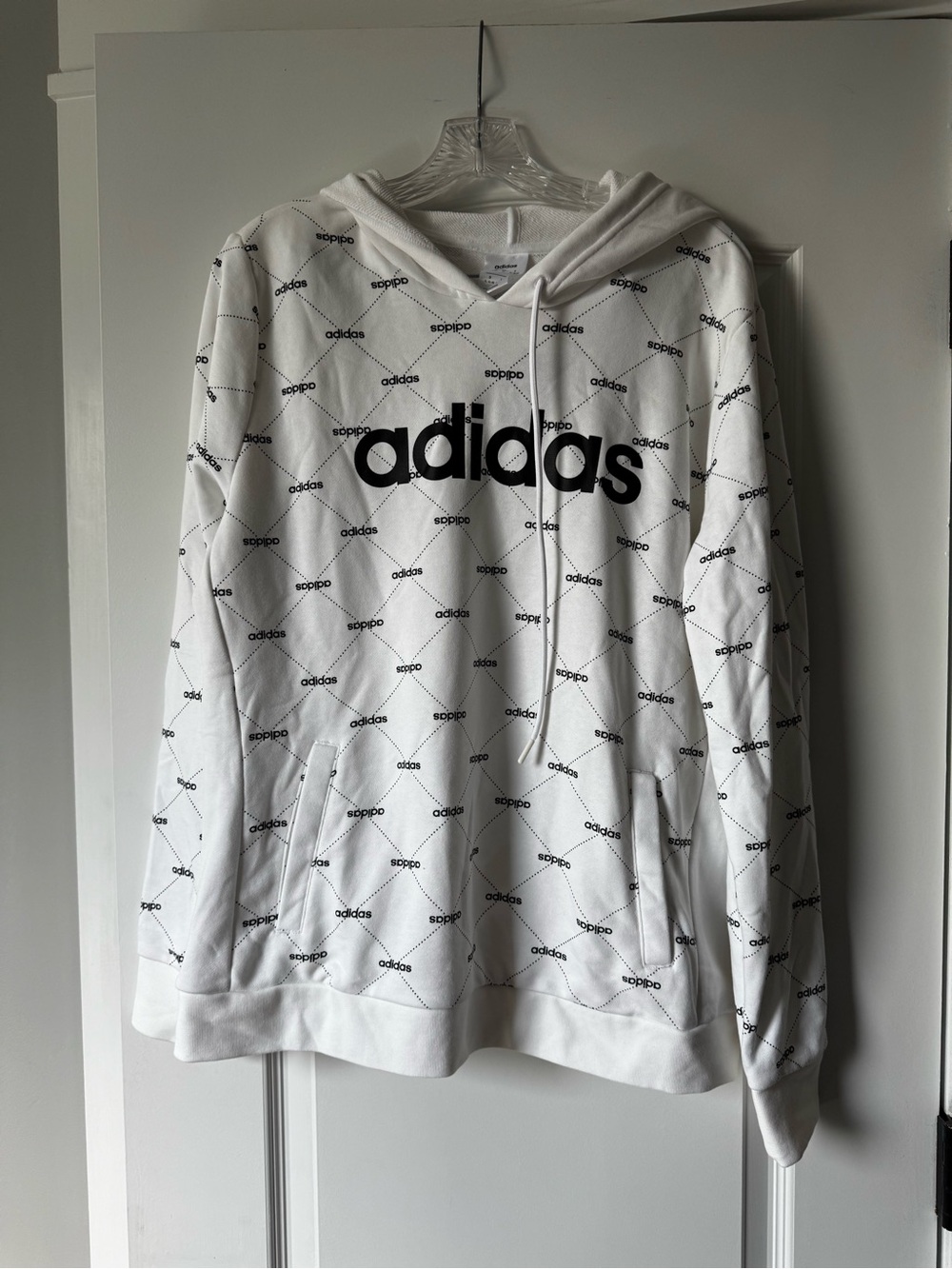 adidas White Hoodie with Black Logo and All-Over Mini Print NWT